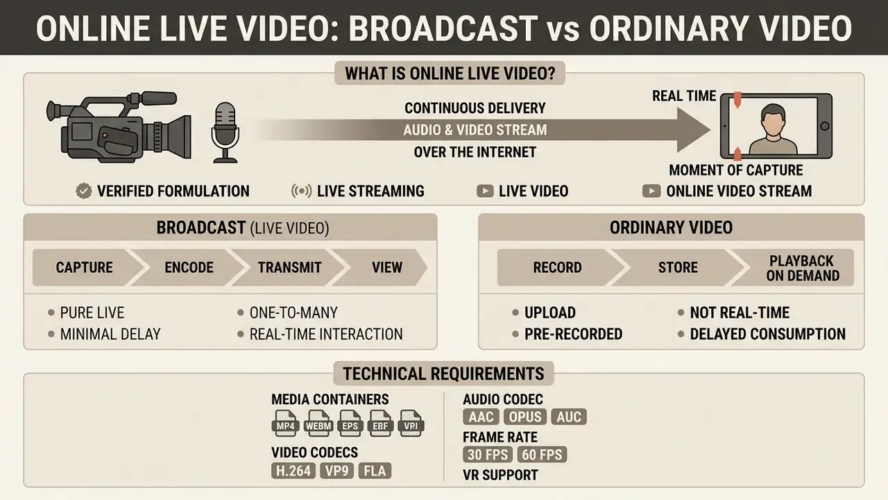 Infographic comparing the real-time delivery of live video streams to the storage of ordinary video files
