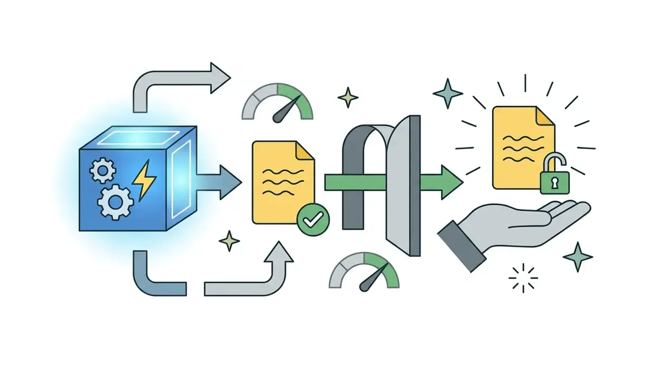 Blue cube processing unit moving a document through a filter to an open padlock icon held in a hand
