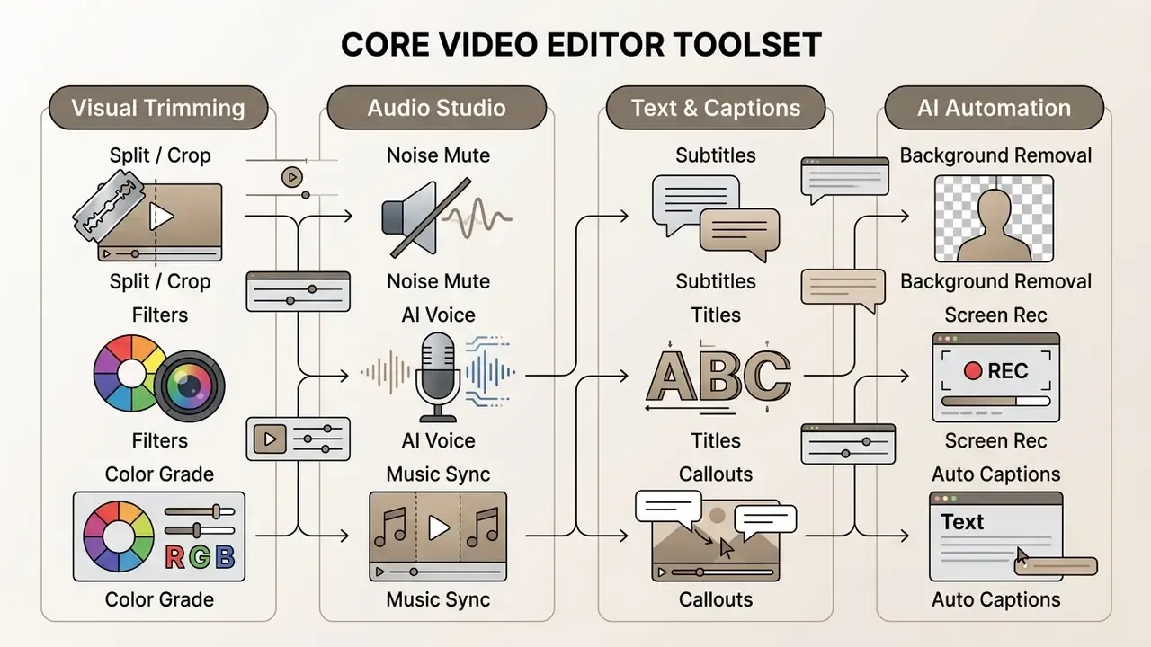 Diagram organizing essential video editing features into categories for visual, audio, text, and AI tools