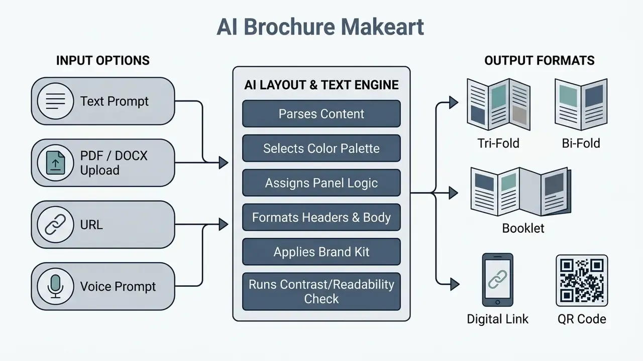 Diagram showing input options flowing into an AI layout engine to generate various brochure formats