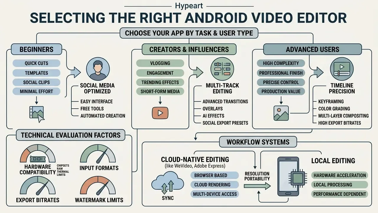 Flowchart comparing user levels, technical requirements, and workflow systems for mobile video production