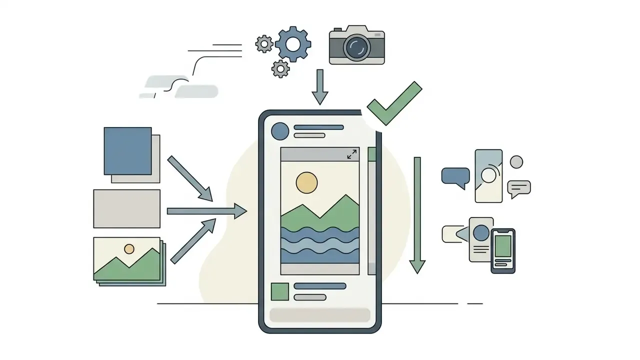 Vertical mobile screen frame receiving image inputs and camera data for social media content formatting
