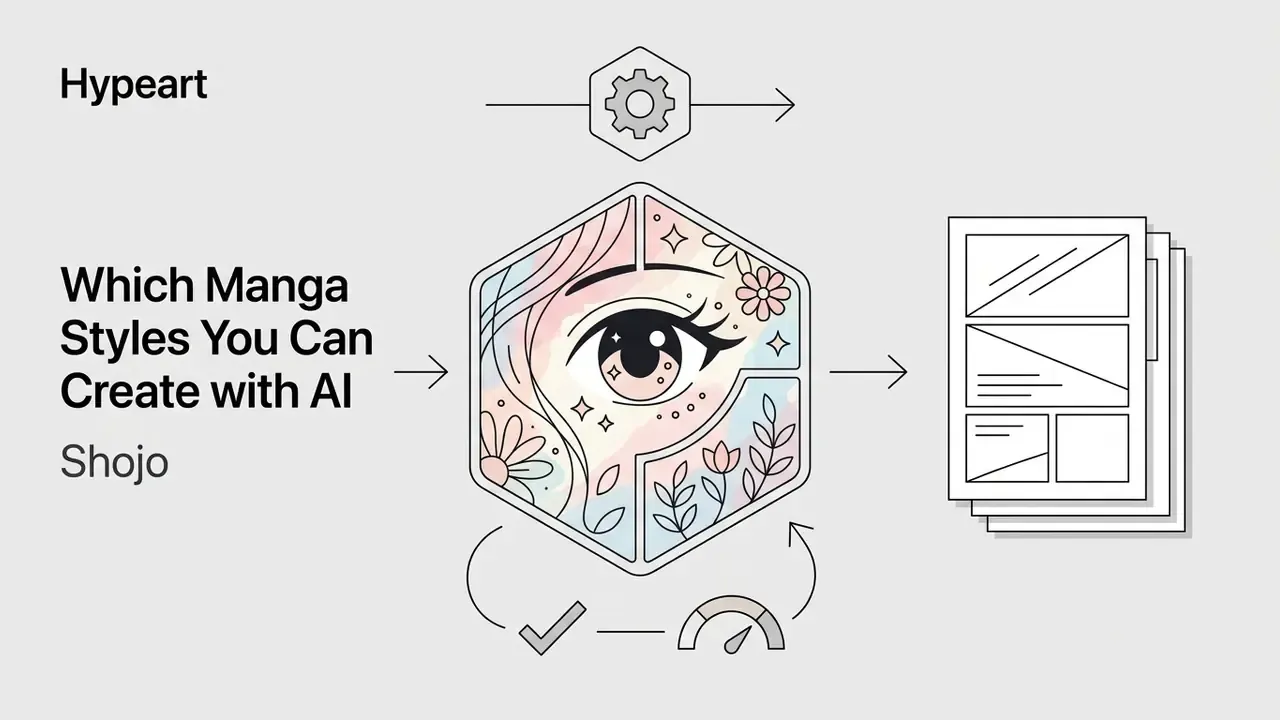 Hexagon containing a large sparkling eye and floral patterns connecting to a comic page layout