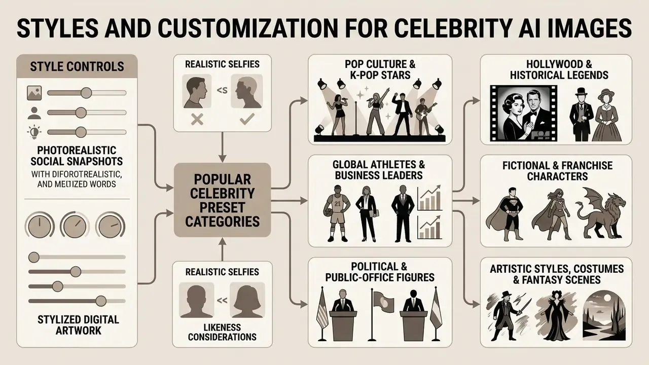 Diagram detailing tool settings for adjusting visual output types and various celebrity preset categories