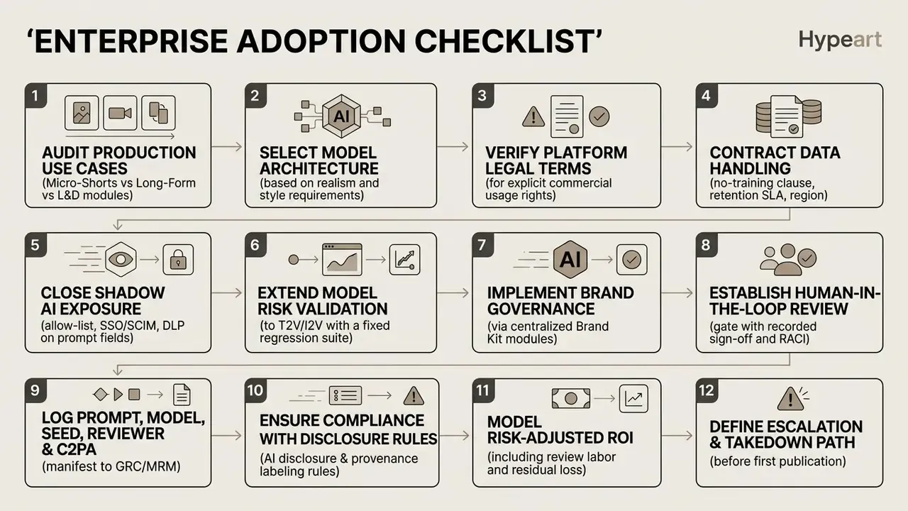 Twelve sequential steps detailing enterprise governance and risk management for AI video production