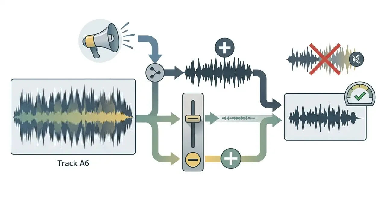 Audio waveform being attenuated by a slider to balance background music with a voiceover track