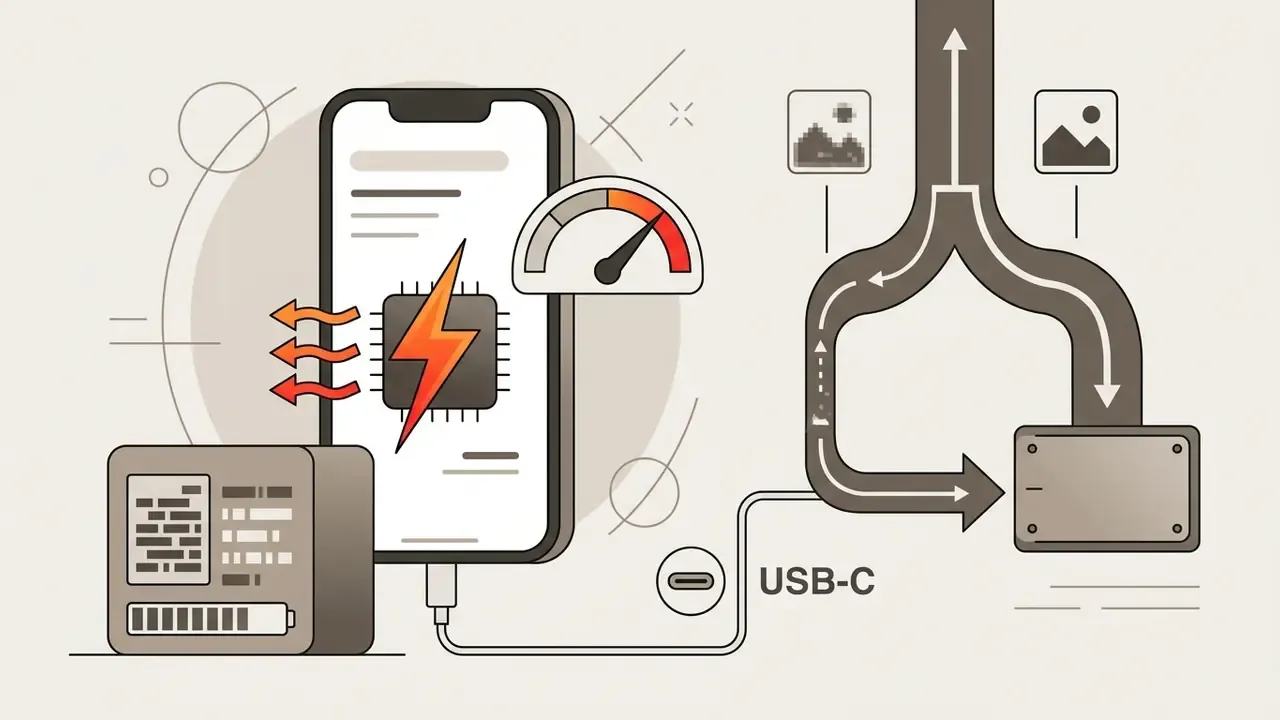 Mobile device with thermal warnings connected via USB-C to an external storage drive for media offloading