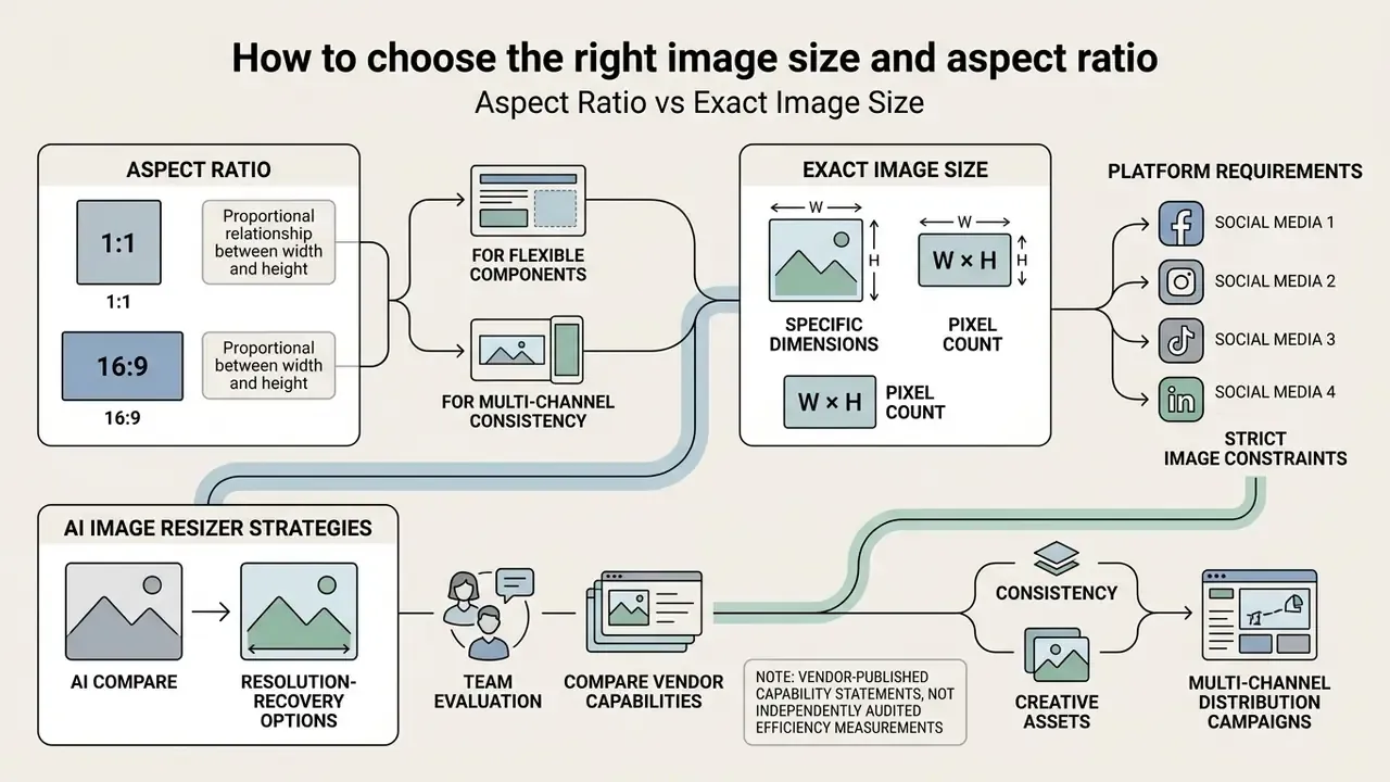 Flowchart comparing aspect ratios and pixel dimensions for multi-channel digital marketing campaigns