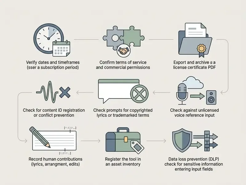 Step-by-step process icons detailing compliance checks for music generated by an AI song creator