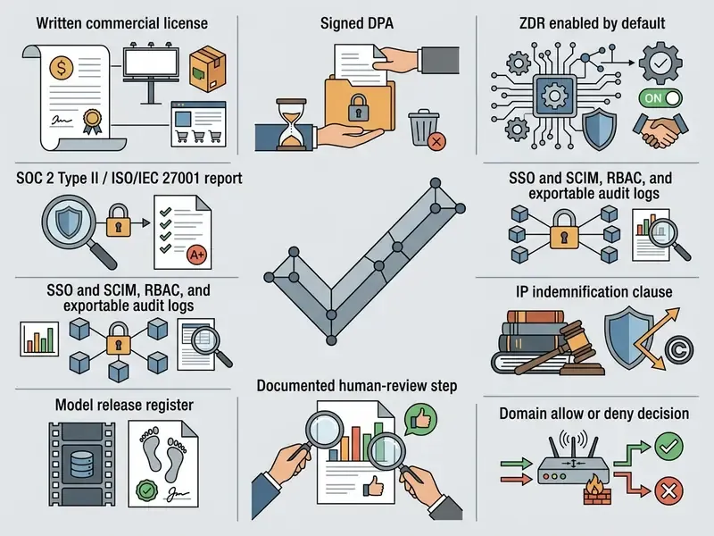 Grid of icons representing corporate compliance steps for software procurement and risk management