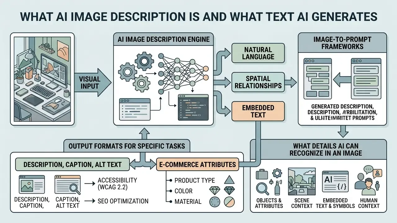 Flowchart showing how an AI engine processes visual input into natural language, spatial data, and text