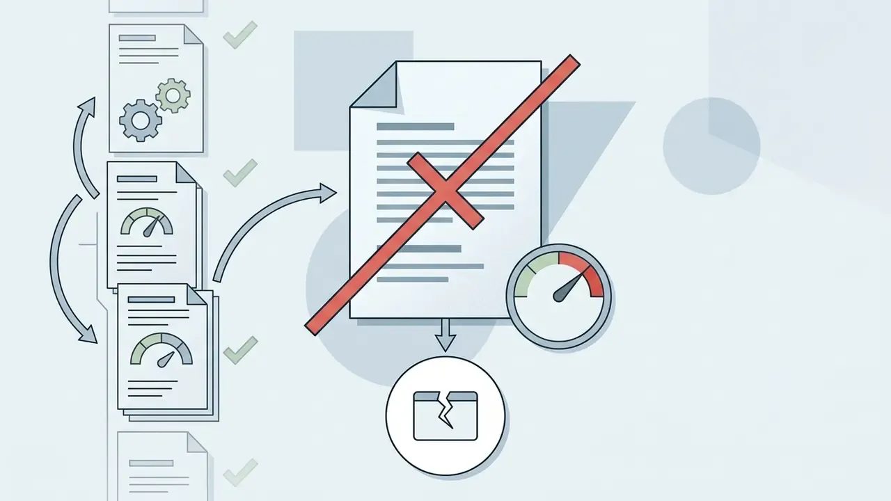 Document icon marked with a red cross leading to a broken folder icon and a speed gauge