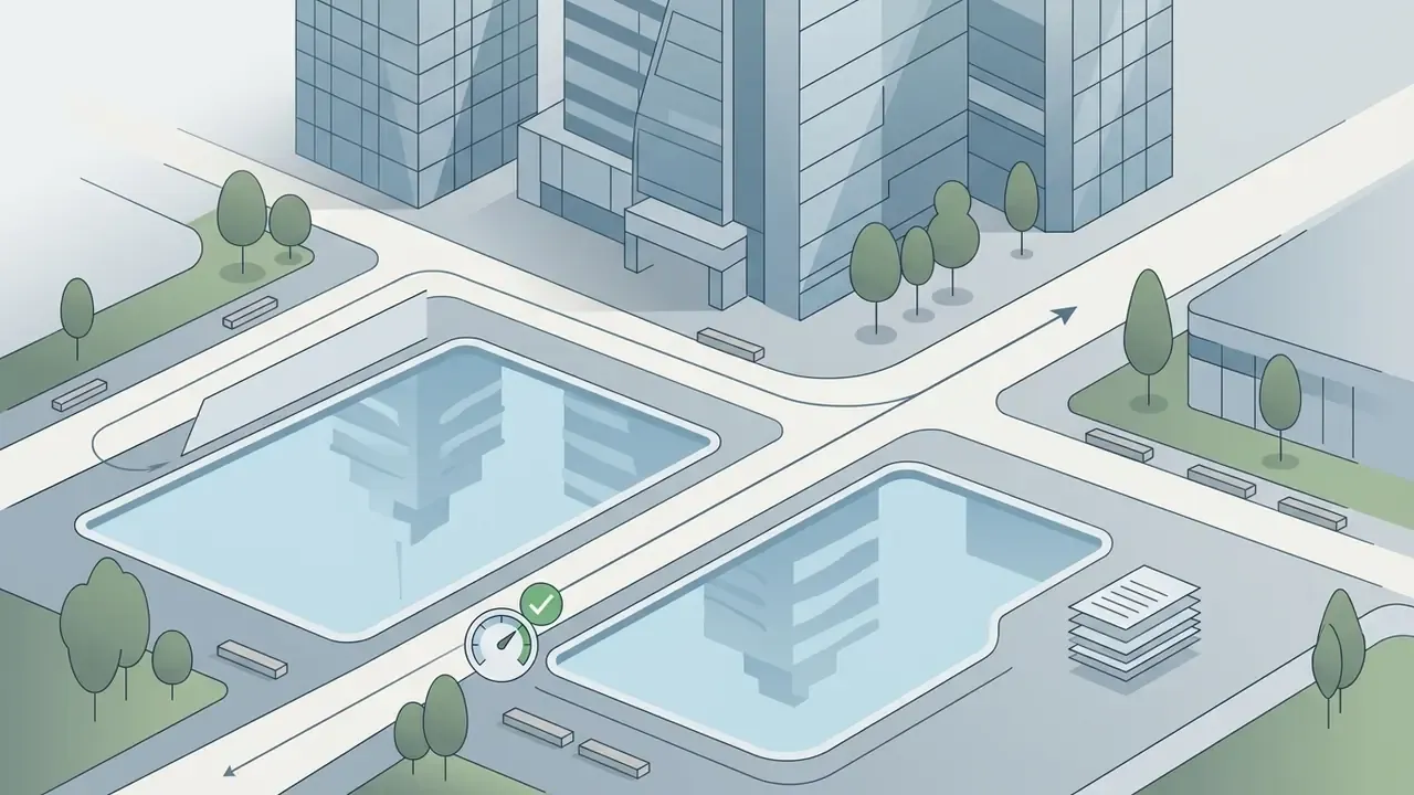 Isometric view of an urban plaza with reflection pools, glass skyscrapers, and a speed gauge icon