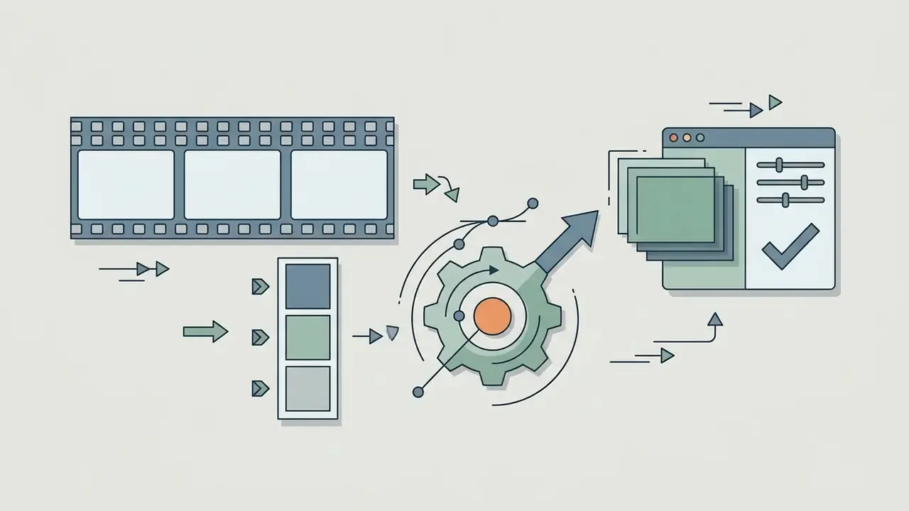 Film strip and color swatches feeding into a central gear mechanism that outputs to a settings interface