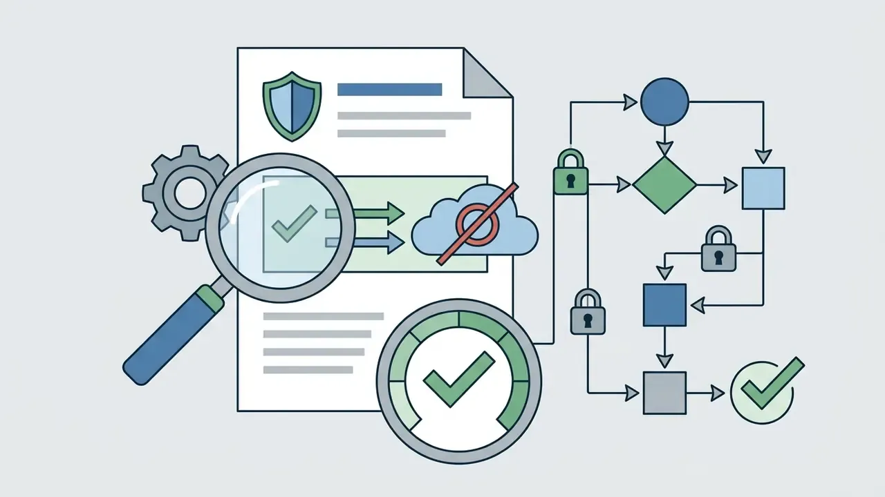 Magnifying glass examining a document with a shield icon and a cloud crossed out by a process flow