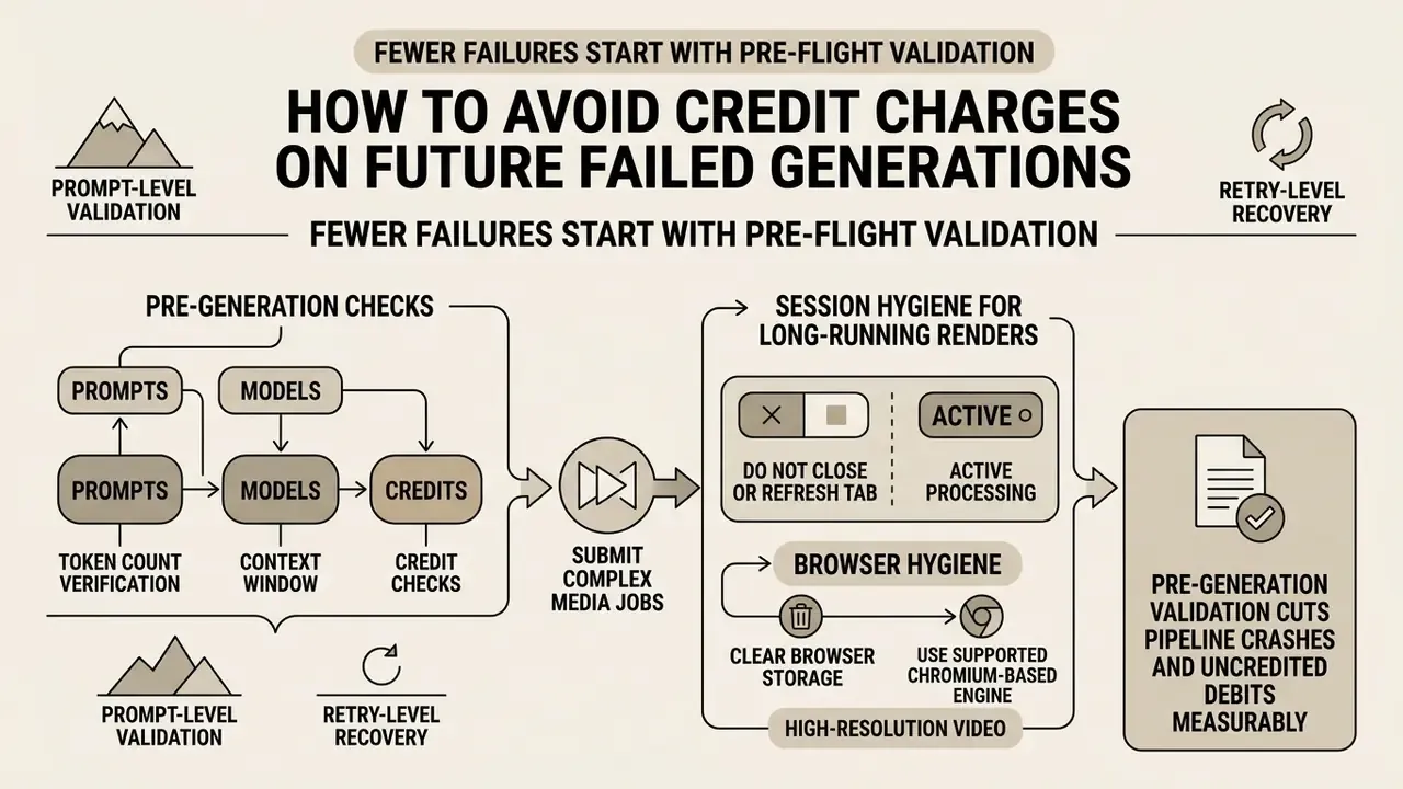 Diagram detailing pre-generation validation and browser hygiene steps to prevent failed generation charged credits