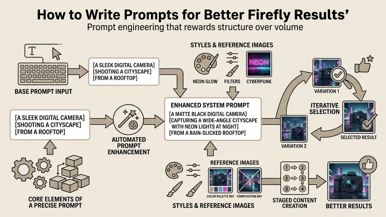Infographic showing a workflow for refining text prompts into enhanced system prompts for image generation