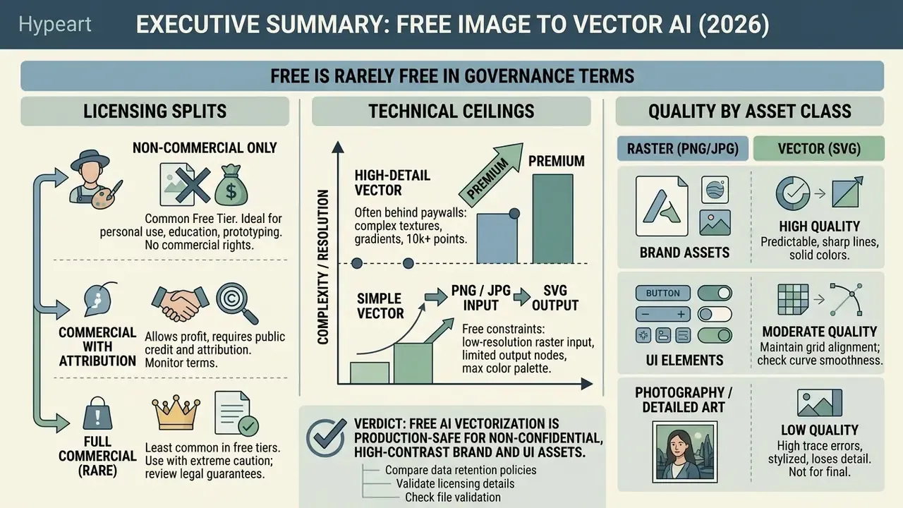 Infographic comparing licensing, technical limits, and quality outcomes for free image to vector AI tools