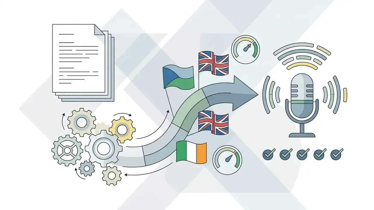 Document pages processed by gears into a multilingual arrow path leading to a microphone and checkmarks