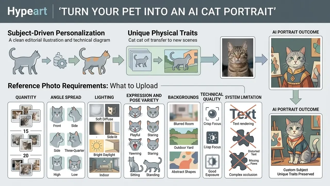 Infographic showing the process and photo requirements for generating custom feline character portraits