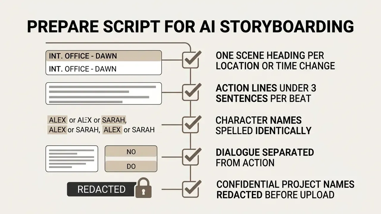 Checklist showing five essential formatting steps for preparing a script for visual generation