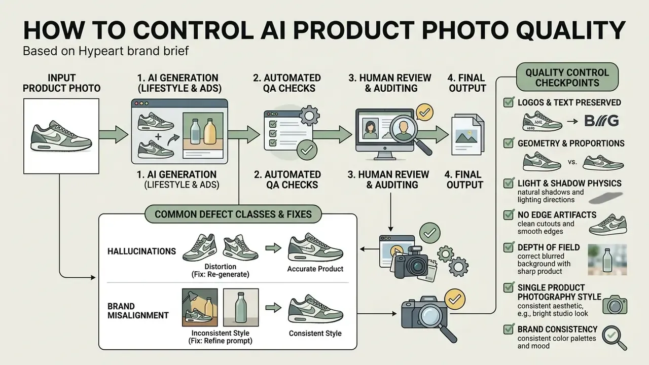 Workflow diagram detailing quality control checkpoints and common defect fixes for generated visuals