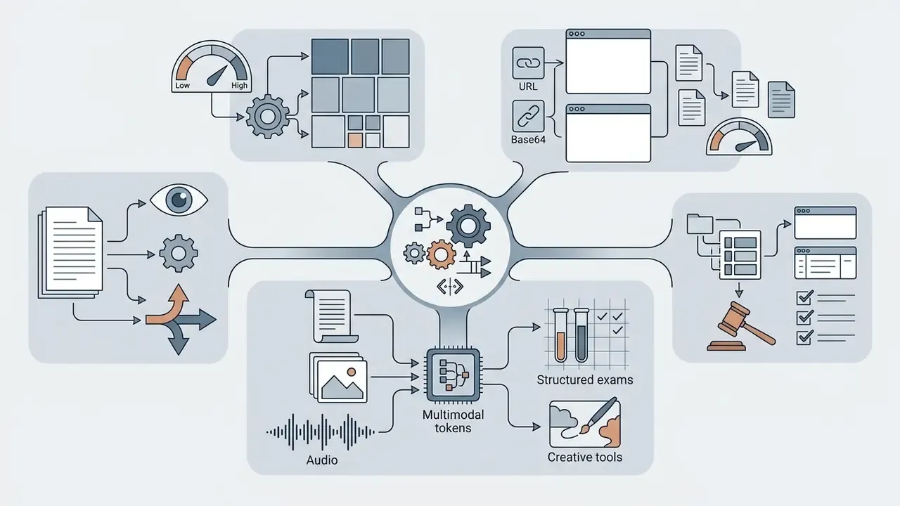 Central hub connecting various icons for image processing, data input methods, and output applications