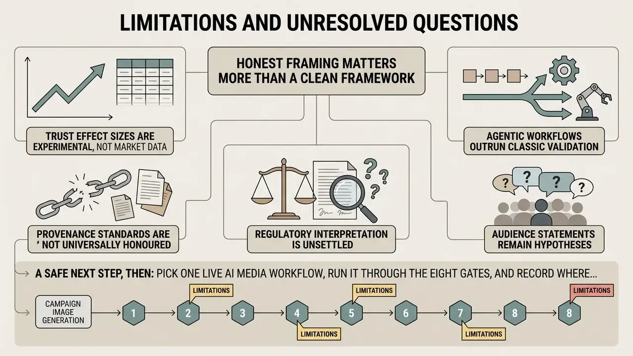 Infographic mapping experimental trust data, agentic workflows, provenance gaps, and regulatory uncertainty