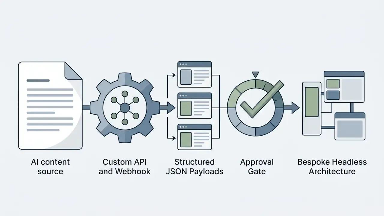 Content source flowing through API gears into JSON payloads and an approval gate for headless architecture