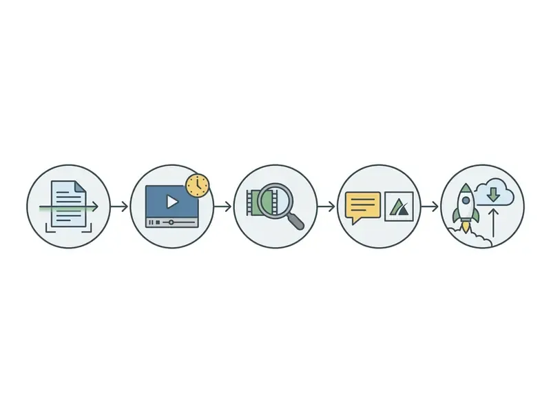 Linear process icons showing content selection, video creation, review, branding, and export steps