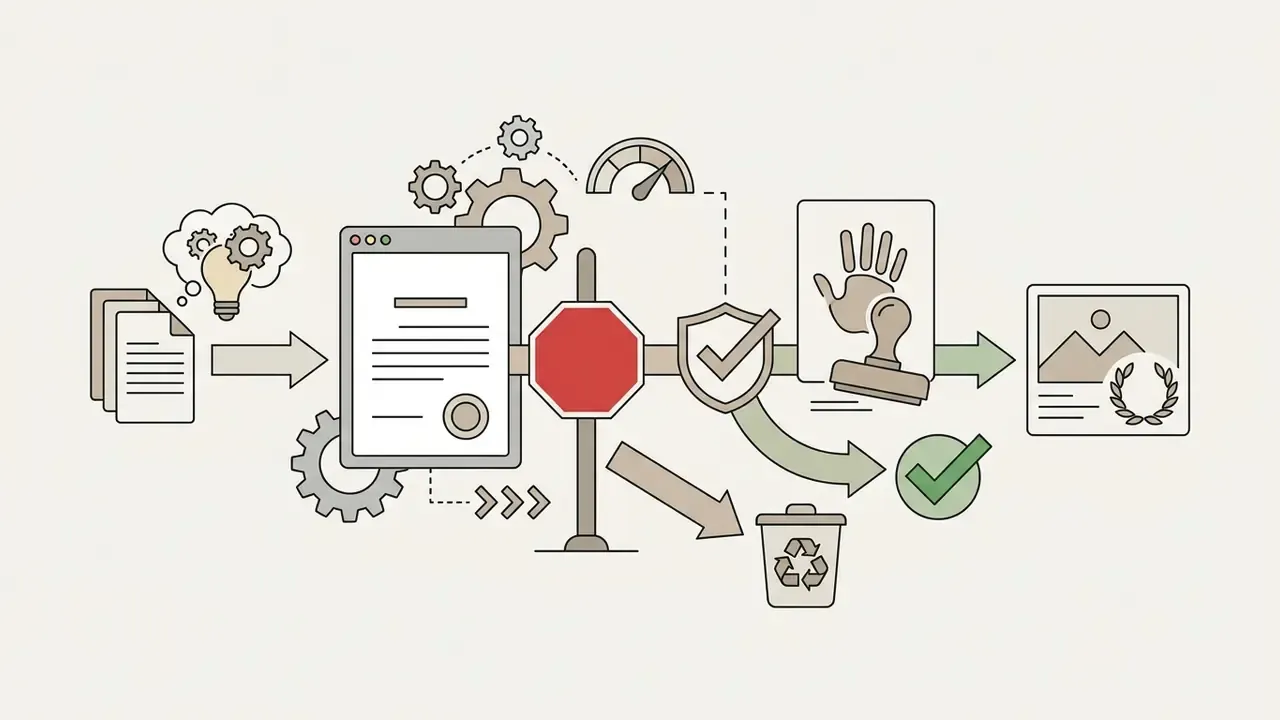 Diagram showing a document review process with a stop sign, approval shield, and final image output