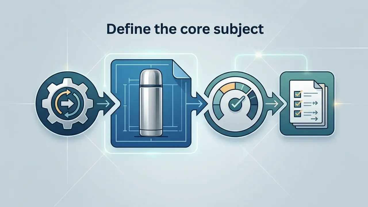Sequence showing a gear, a thermos blueprint, a gauge, and a checklist to refine AI image prompts