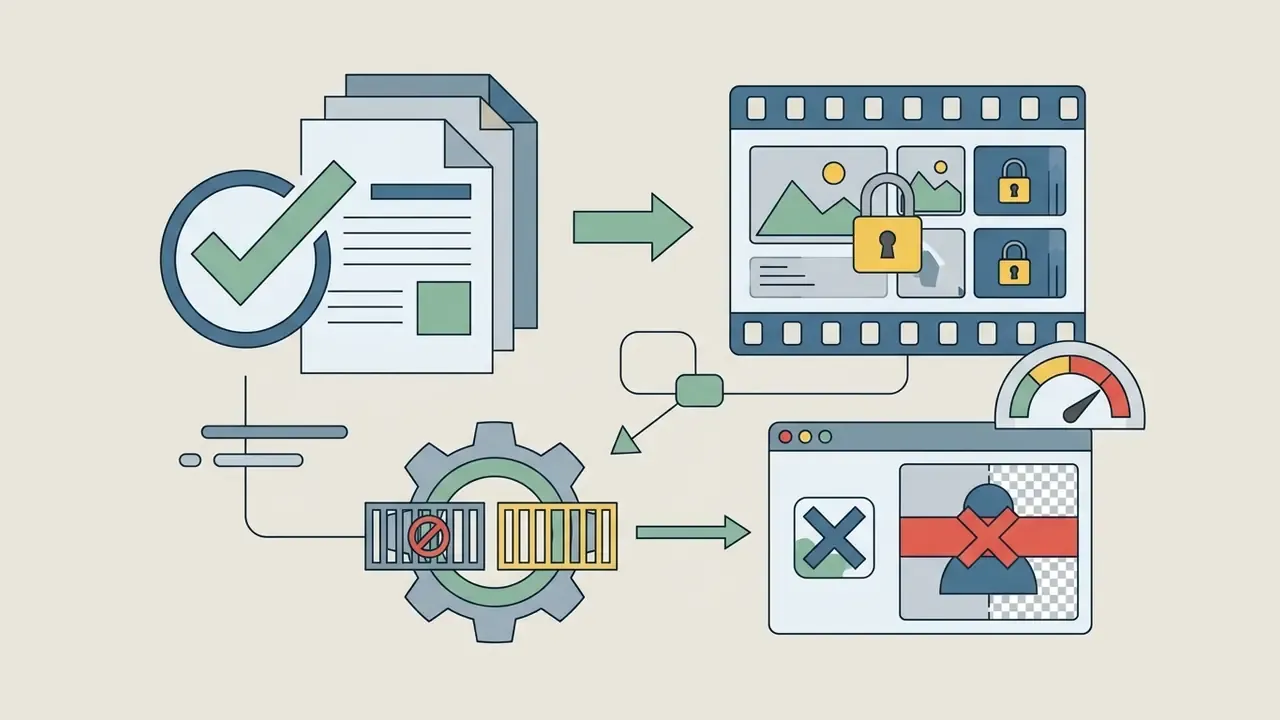 Icons showing document verification leading to locked video assets and restricted editing features