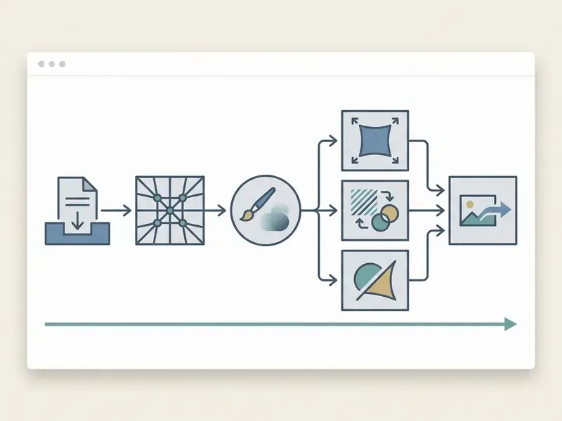 Flowchart showing the sequence of image upload, landmark detection, retouching, and export steps