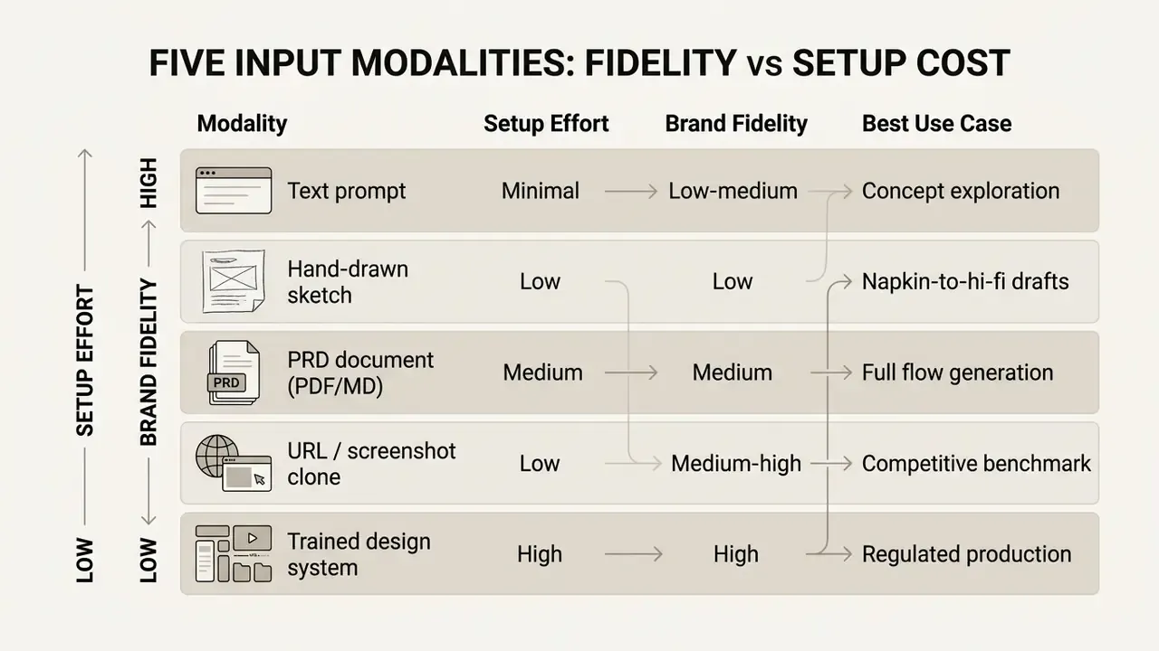 Comparison table of five input modalities showing setup effort, brand fidelity, and best use cases