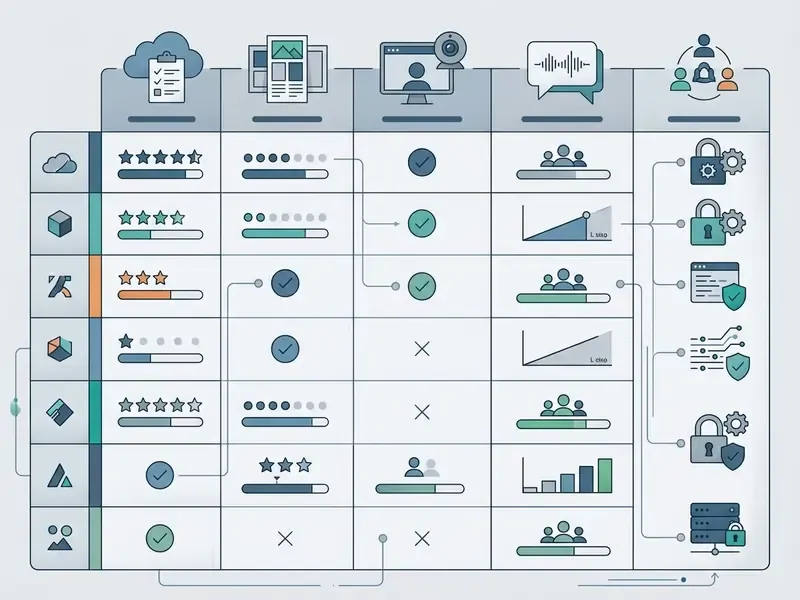 Matrix grid showing software features and security criteria with icons for ratings and connectivity