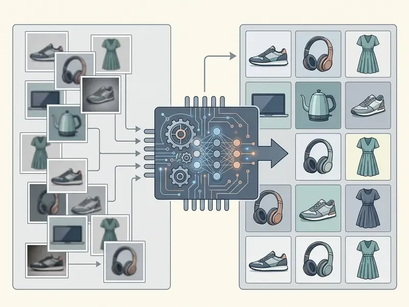 Batch processing of blurry product photos through a central neural network into high-quality catalog assets