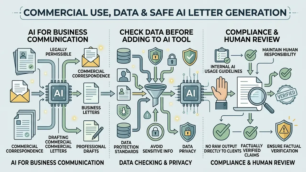 Three-part diagram detailing business communication, data privacy checks, and human compliance review