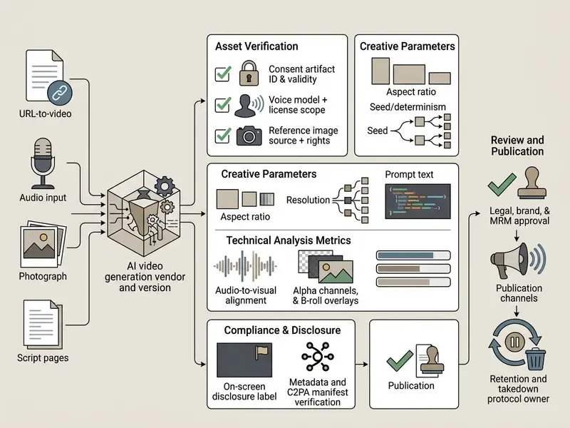 Workflow diagram showing inputs, processing stages, and compliance steps for an AI celebrity video generator