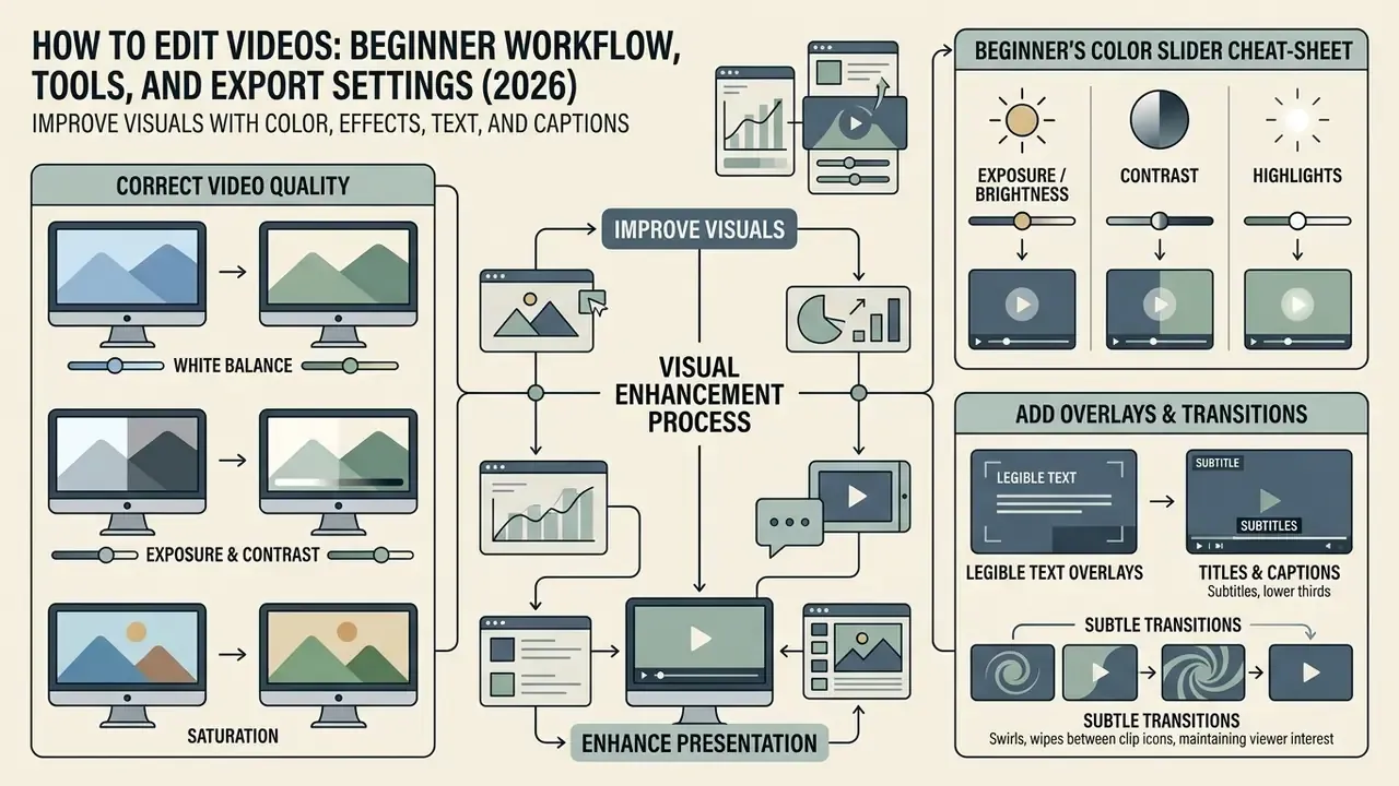 Visual enhancement process showing color correction, slider adjustments, and adding text and transitions