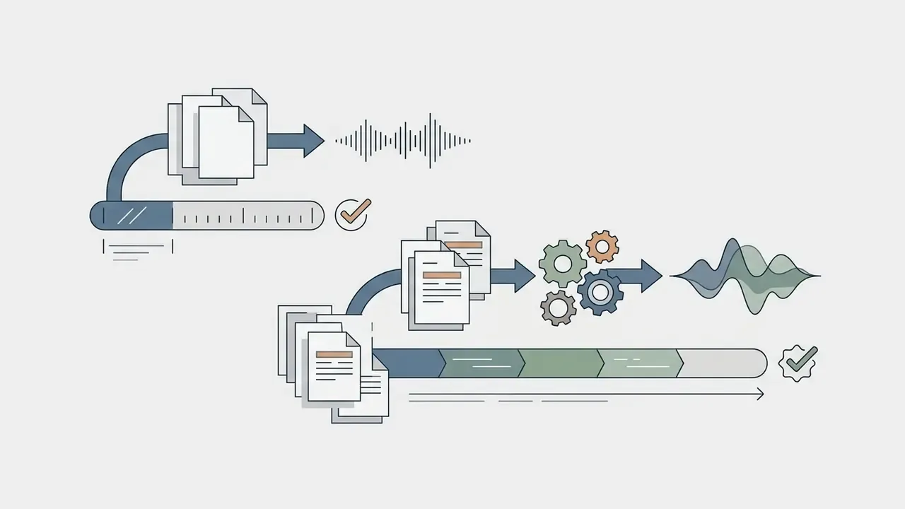 Paper stacks and progress bars leading to audio waveforms and gear mechanisms for content synthesis