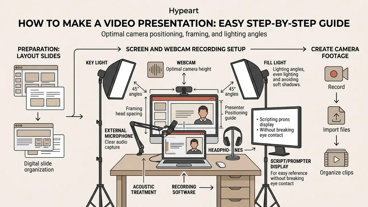 Diagram showing eye-level webcam placement, lighting angles, and workspace layout for recording