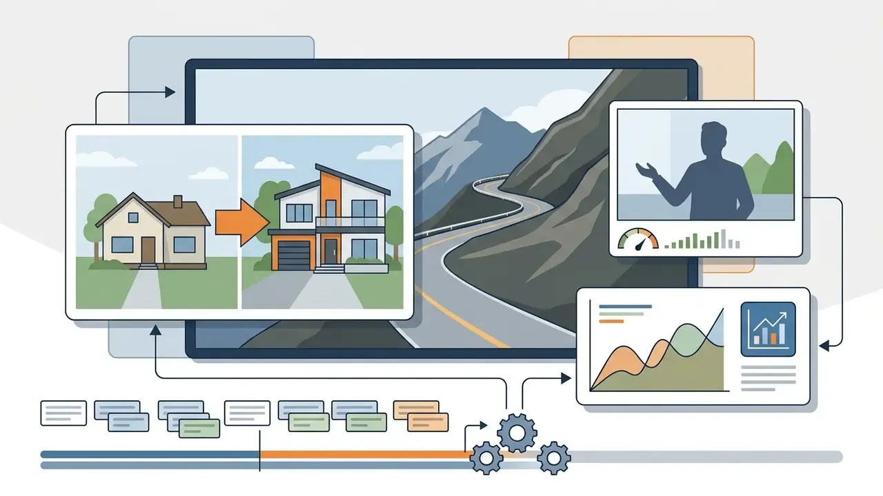 Video layers with inset cards for house transformations, speaker footage, and data charts