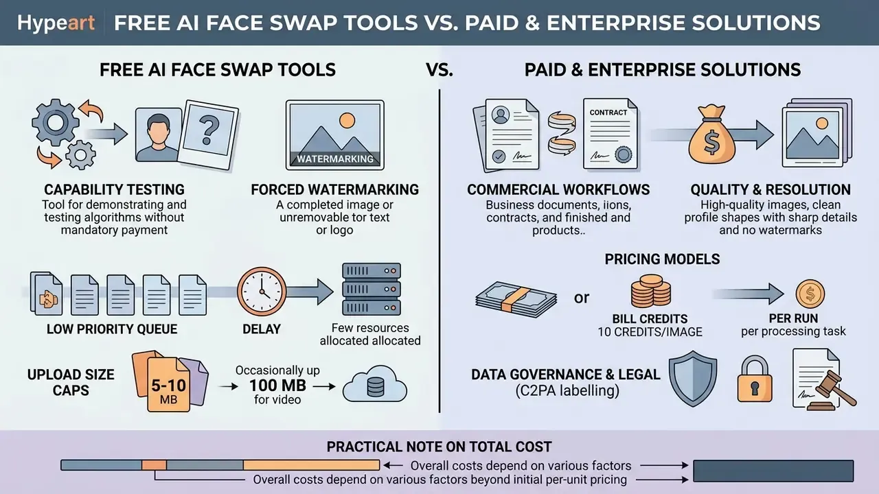 Comparison of free versus paid software features including watermarking, processing queues, and pricing
