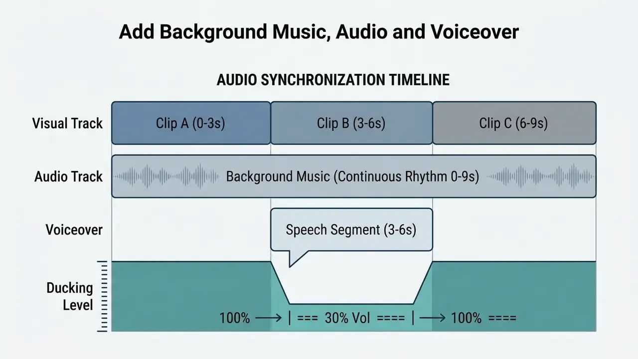Timeline diagram showing visual clips, continuous background music, and voiceover audio ducking levels