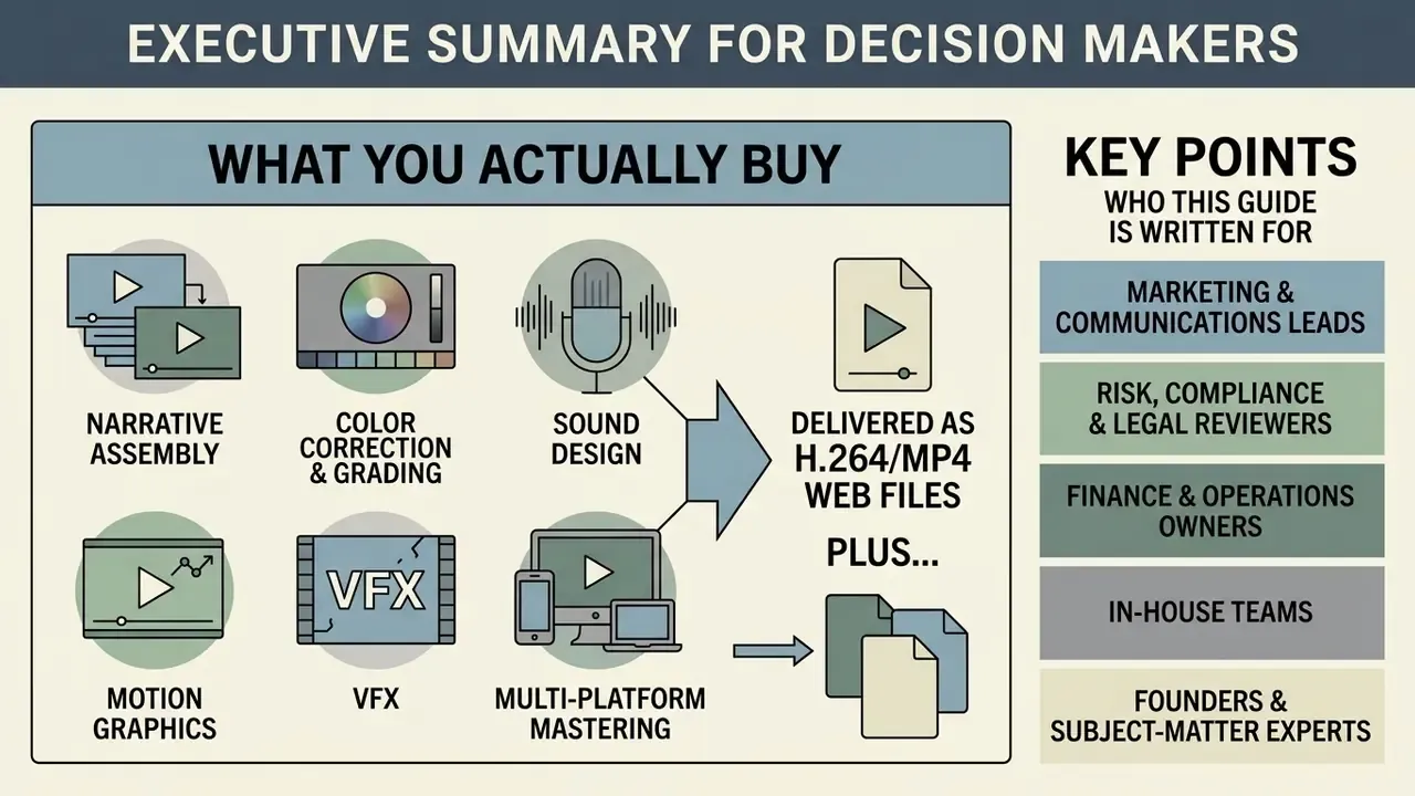 Infographic showing video editing services including narrative assembly, color grading, and multi-platform mastering