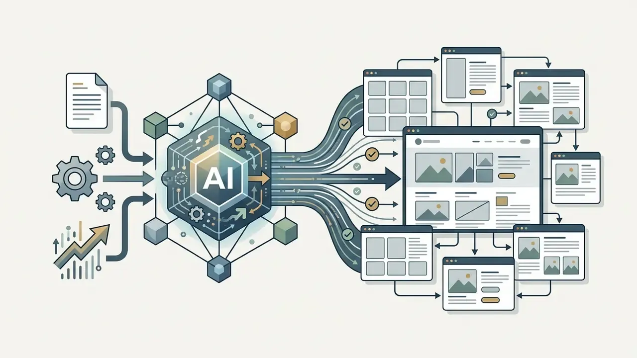 Inputs feeding into a central AI processing hub that outputs diverse web page layouts and structures