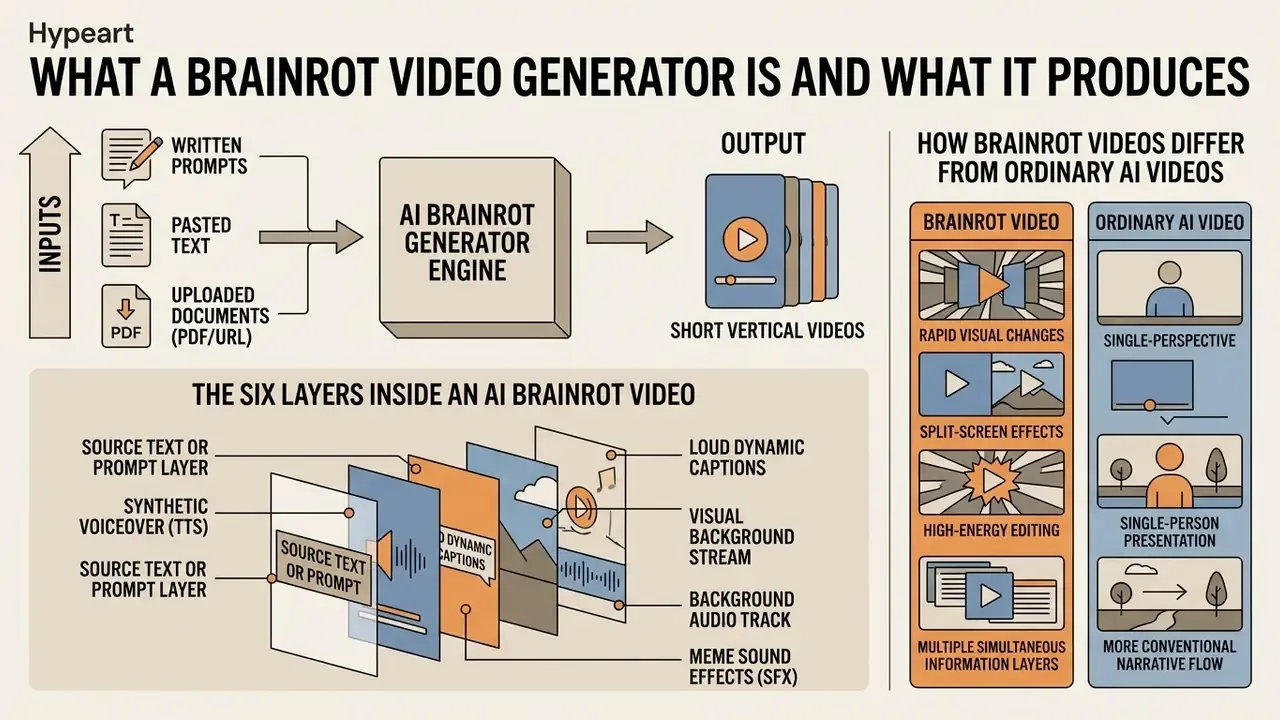 Flowchart showing how a brainrot video generator processes text inputs into layered vertical video content