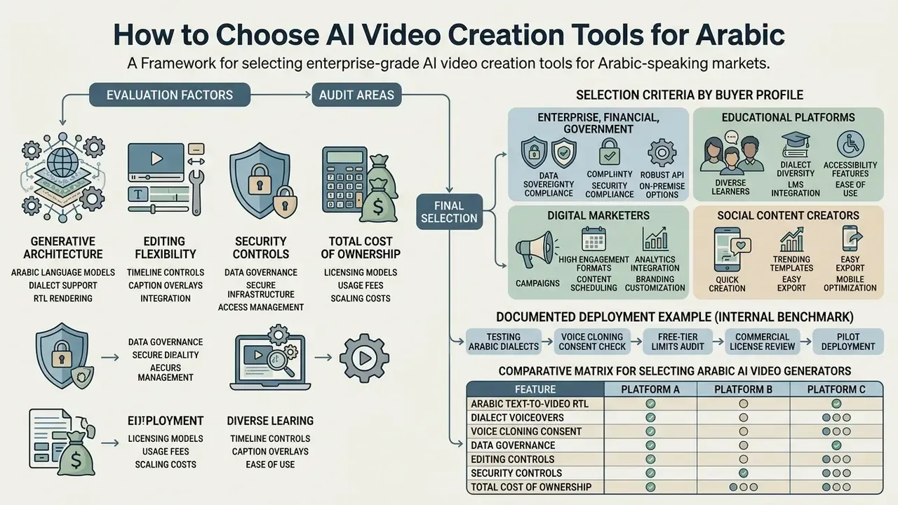 Decision framework infographic detailing evaluation factors and buyer profiles for Arabic video tools