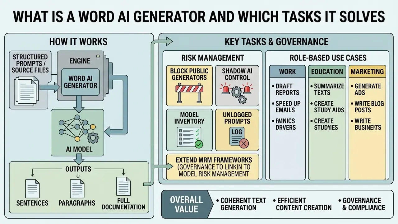 Infographic showing how a word AI generator processes inputs into text and manages risks and use cases
